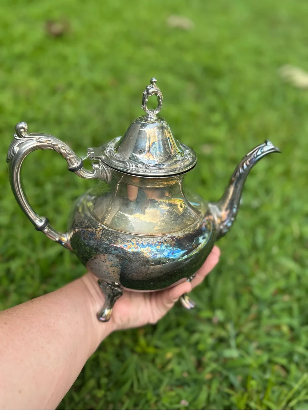 Vintage Silver plated ornate Footed Teapot - Iridescent Patina